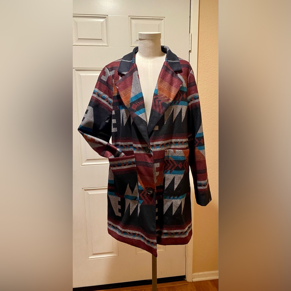 EMERY ROSE Geo And Striped Print Single Breast Lapel Coat - NWOT